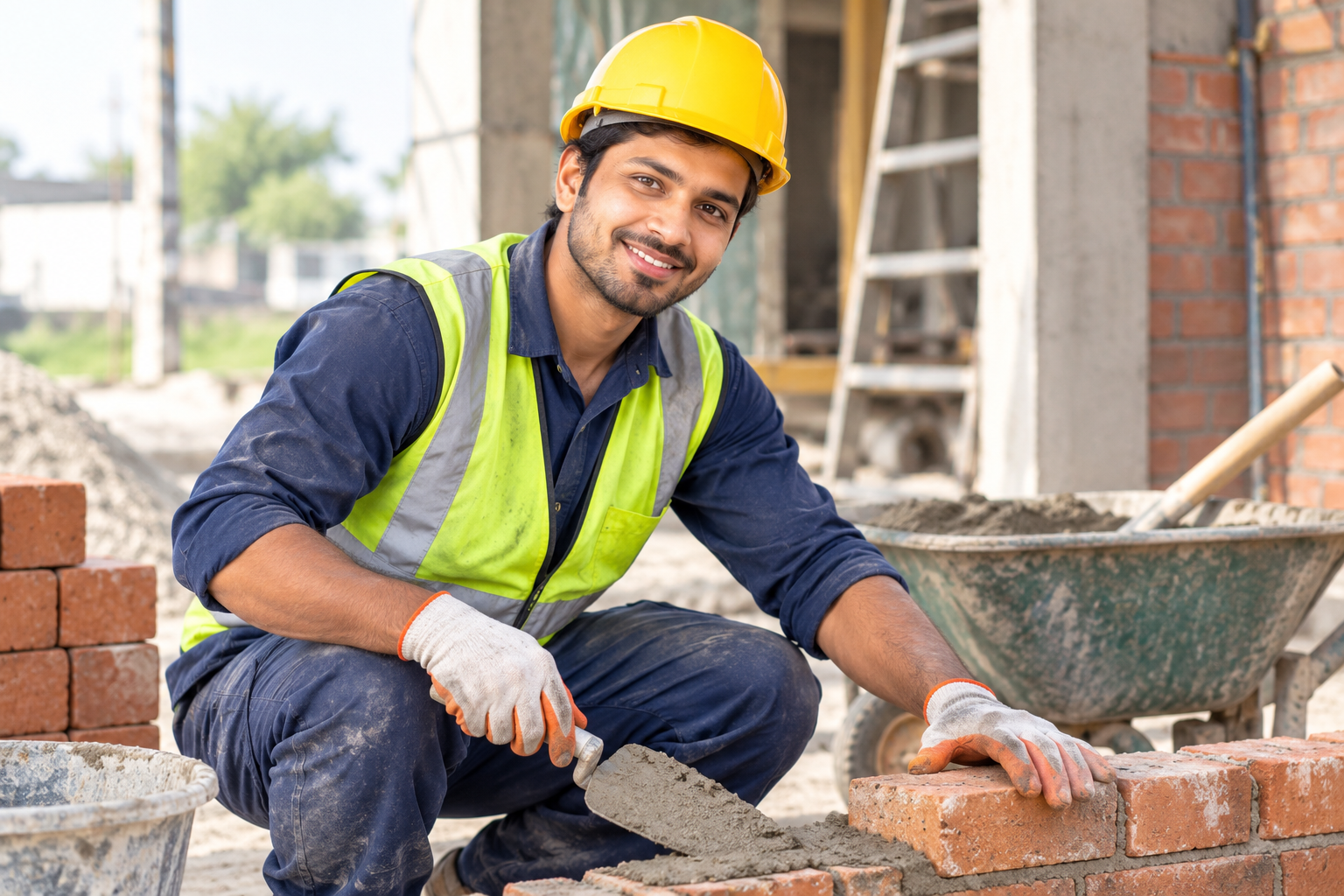 smiling construction worker laying bricks