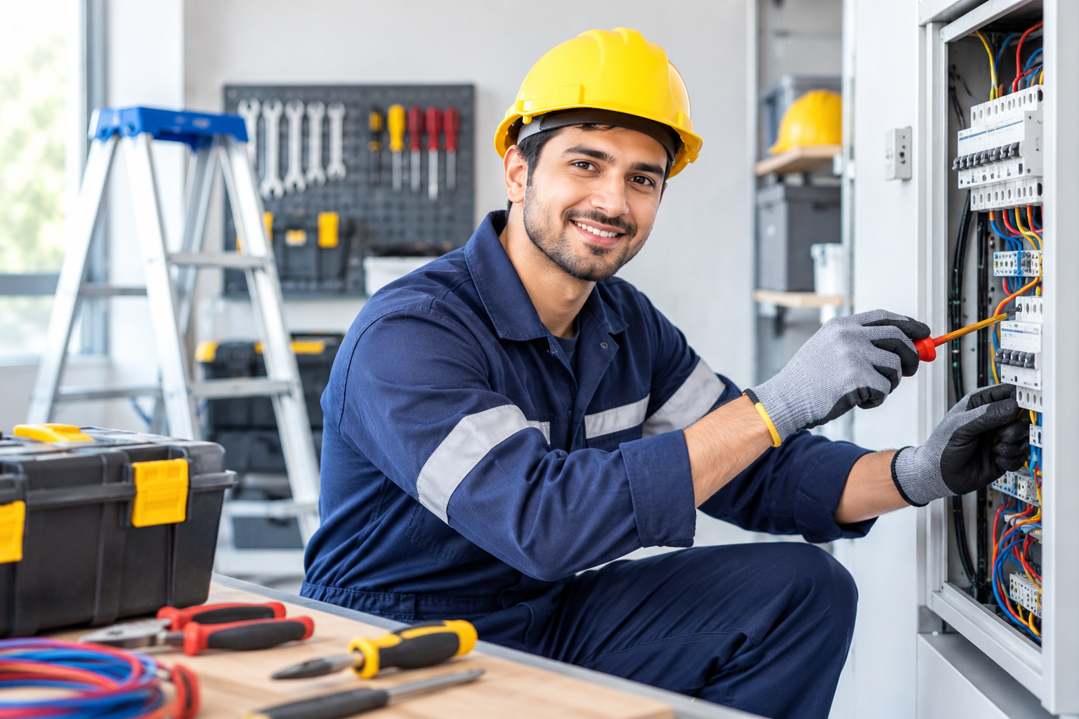 smiling electrician repairing control panel