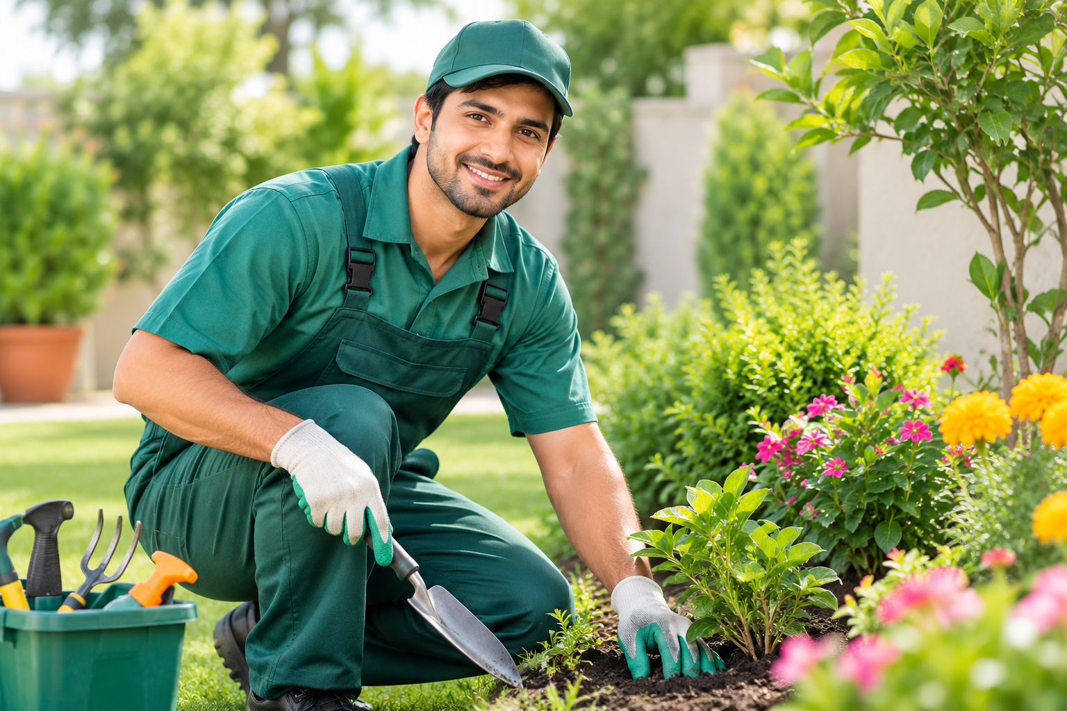 Home smiling gardener tending vibrant flower bed